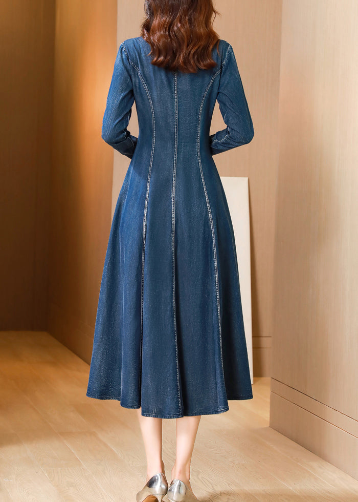 Blue V Neck Embroideried Patchwork Denim Dresses Spring