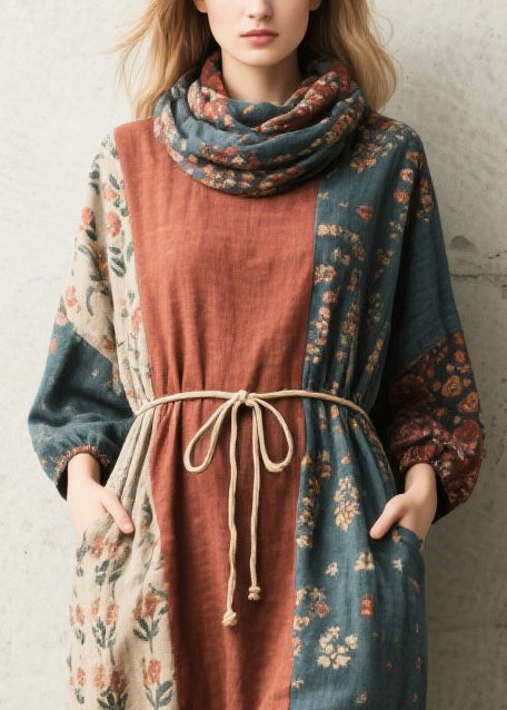 Tie Waist Print Cotton Vacation Dress Fall