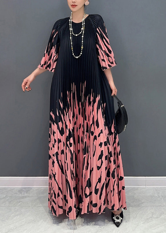 Italian Colorblock O-neck Cinched Print Long Dresses Bracelet Sleeve