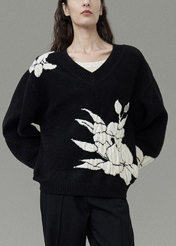 Black V Neck Cozy Cotton Knit Sweater Winter