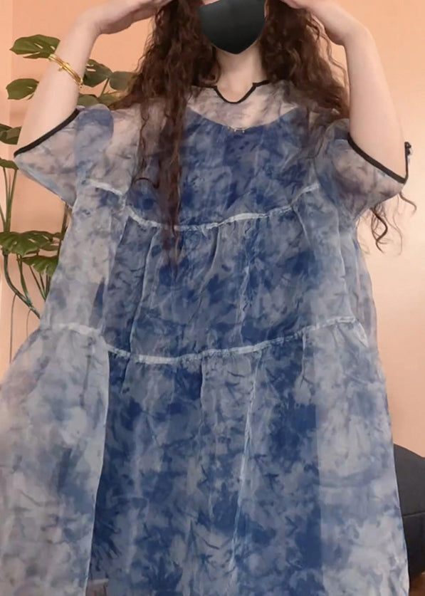 Blue Print Patchwork Tulle Two Pieces Set Half Sleeve