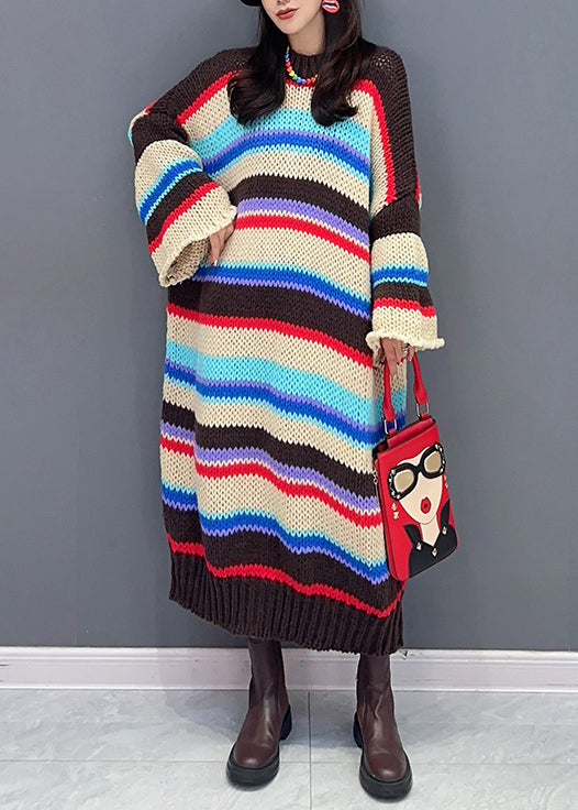 Loose Striped O-neck Hollow Out Patchwork Knit Dresses Fall
