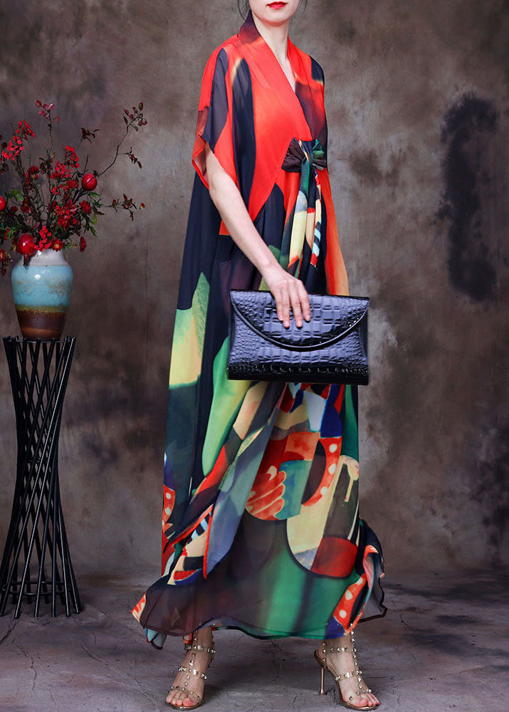 Red Print Asymmetrical Design Chiffon Beach Dress and Spaghetti Strap Dress Two Pieces Set Summer