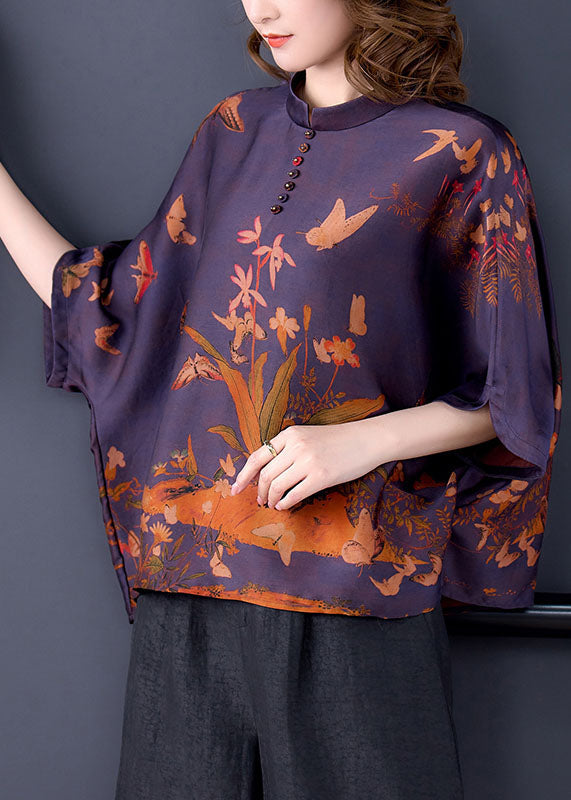 Purple Stand Collar Print Silk Shirts and Pants 2 Piece Outfit Half Sleeve