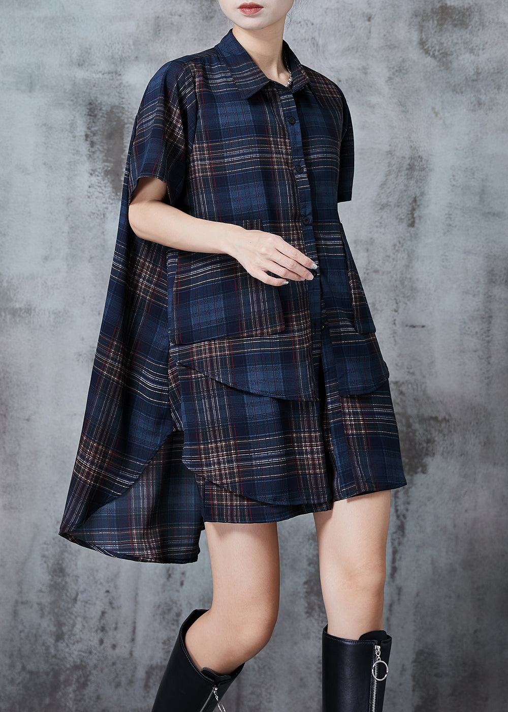 Navy Oversized Plaid Chiffon Two Pieces Set Summer