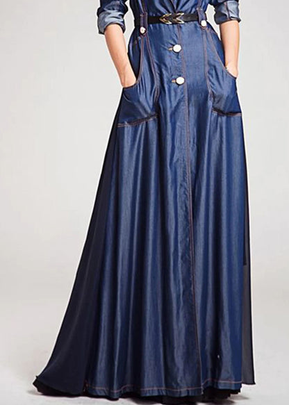 French Navy Peter Pan Collar Patchwork Tie Waist Denim Dress Long Sleeve