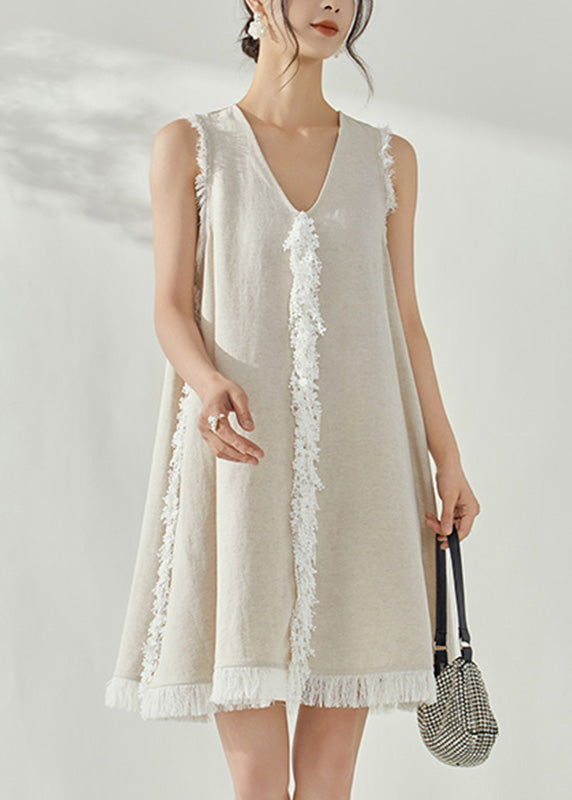 Beige V Neck Tassel Vacation Mid Dresses Sleeveless
