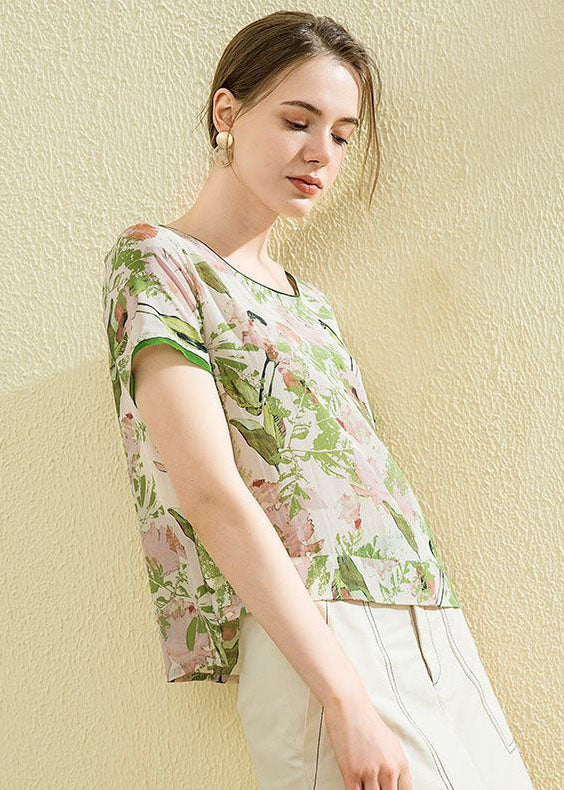 Boutique Green O-neck Print Silk Shirt Tops Summer