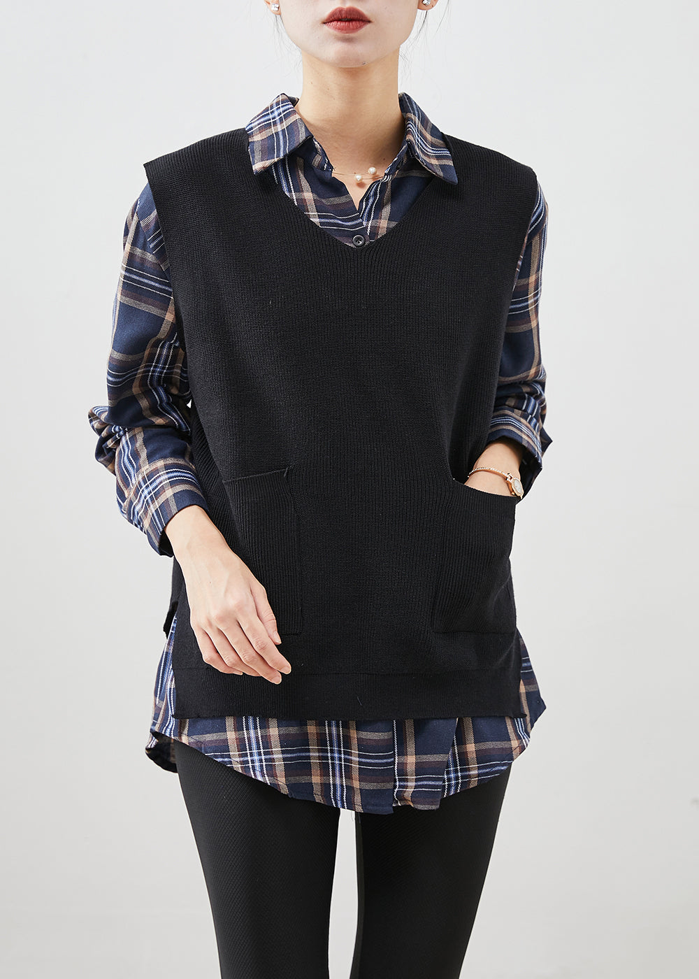 Style Black Plaid Knit Vest and Shirt Two Pieces Set Fall