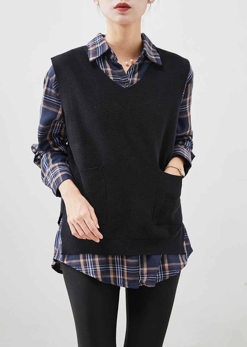 Style Black Plaid Knit Vest and Shirt Two Pieces Set Fall