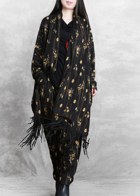 Black Print Mink Velvet Coat and Wide Leg Pants Two Pieces Set Fall