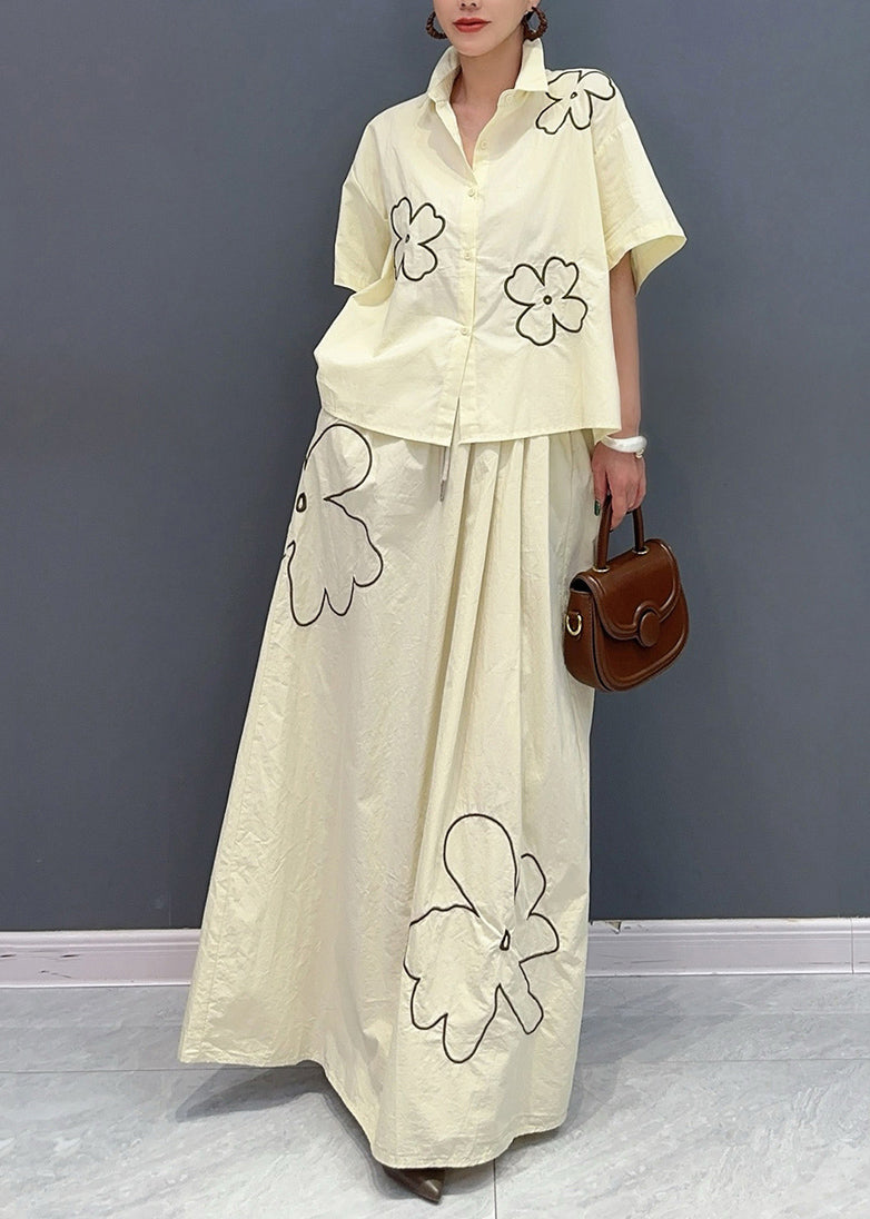 Apricot Peter Pan Collar Button Shirts and Maxi Skirts Two Piece Set Summer