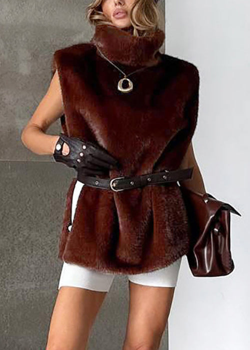 Fine Coffee Turtleneck Side Open Fluffy Waistcoat Sleeveless