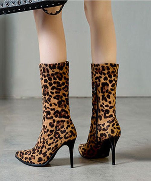 Leopard Print Genuine Leather Velour Fabric Zippered Boots Pointed Toe Boots