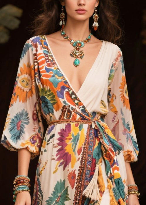 Beige Tasseled Print Chiffon Maxi Dresses Lantern Sleeve