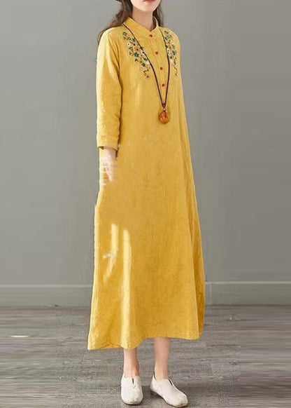Yellow Embroideried Patchwork Cotton Long Dresses Fall
