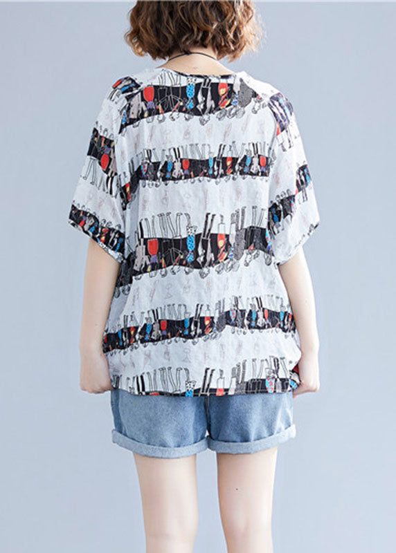White O-neck Character Print Cotton Tops Summer