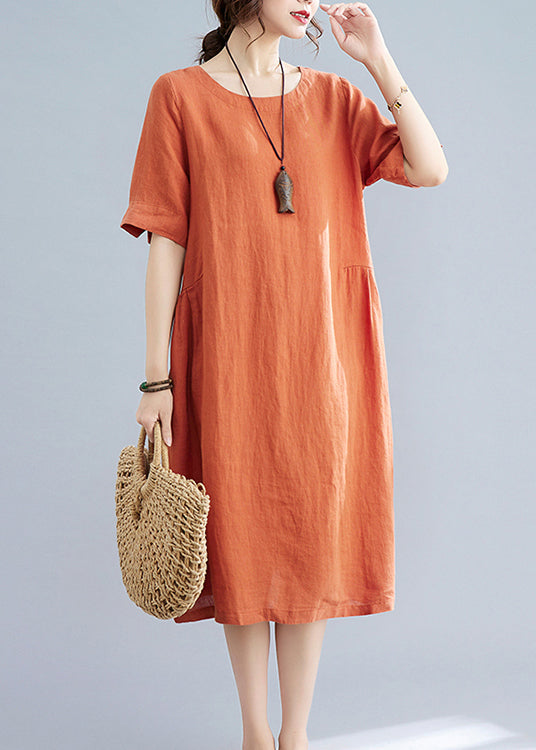Orange O-neck Linen Dresses Short Sleeve
