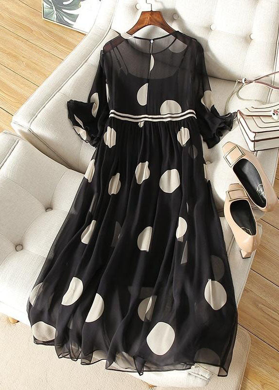 Boutique Black O-neck Tie Waist Dot Print Chiffon Long Dresses Flare Sleeve