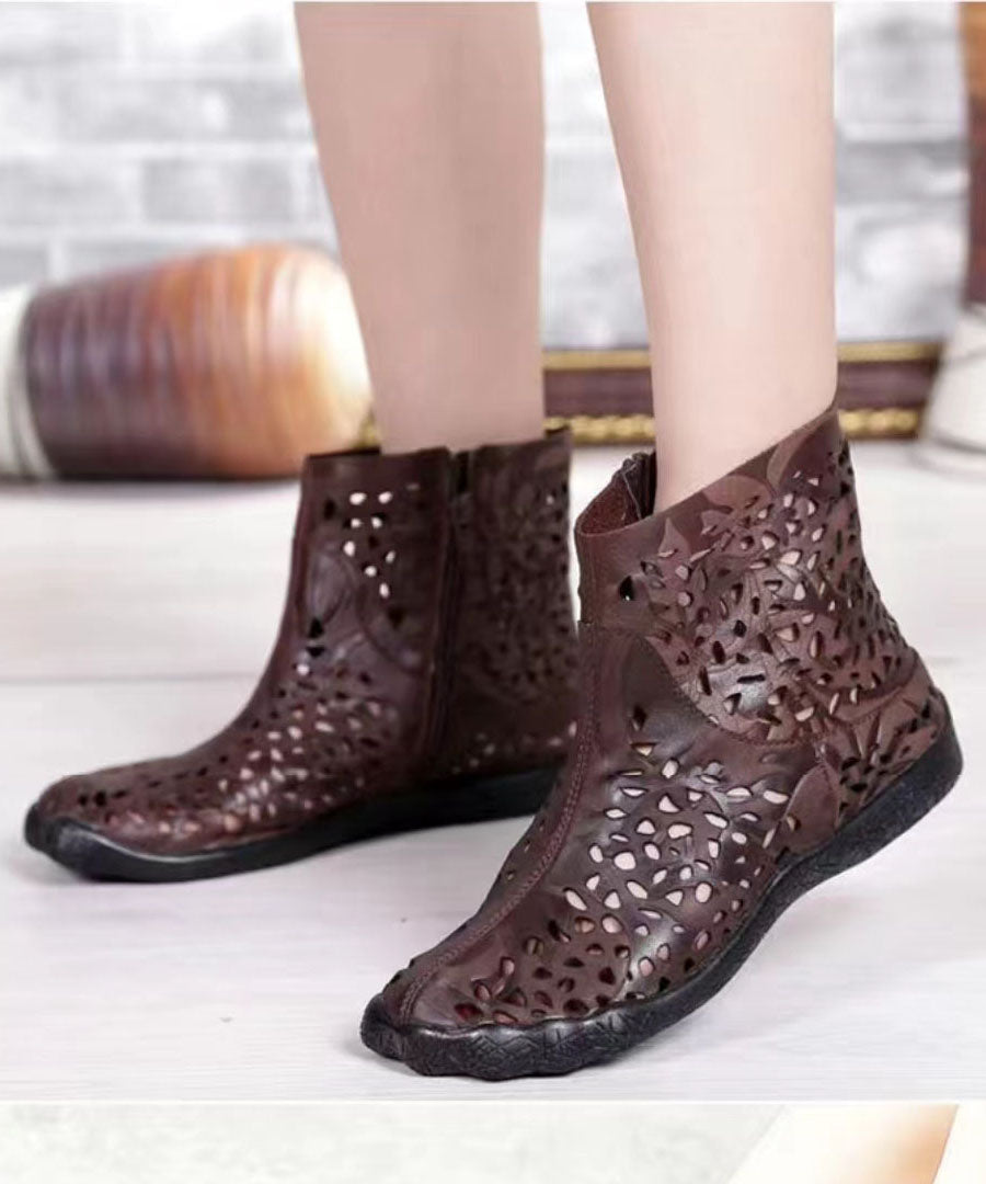 Coffee Hollow Out Zippered Splicing Cowhide Leather Boots