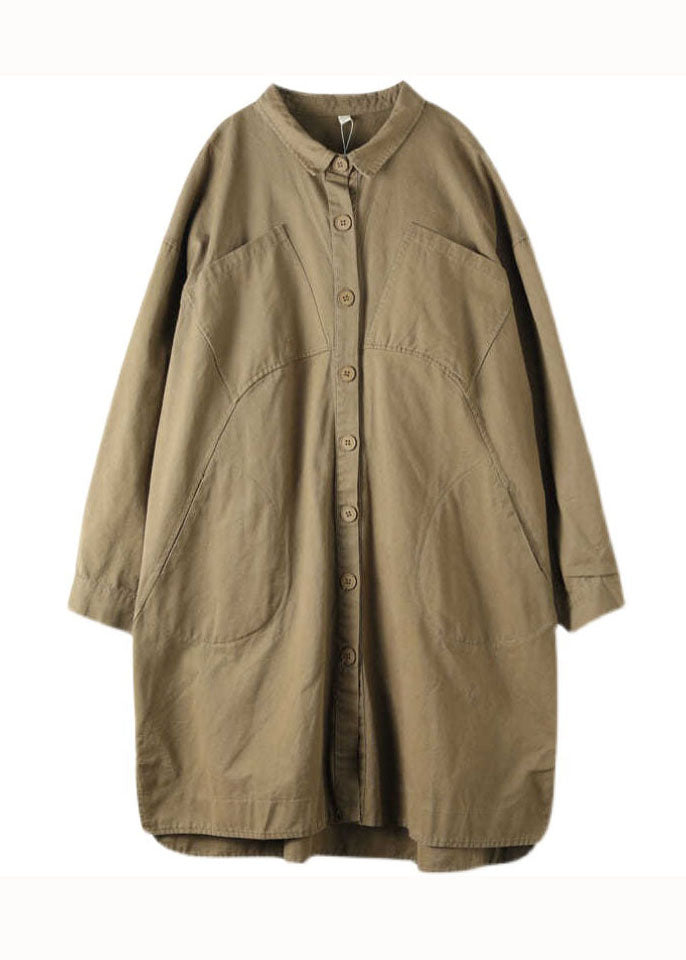 Khaki Peter Pan Collar Pockets Patchwork Cotton Coat Long Sleeve