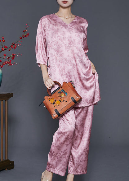 Pink Oversized Print Silk Two Pieces Set Spring
