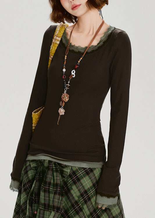 Style Brown O-neck Patchwork Cotton Fake Two Piece Tops Spring