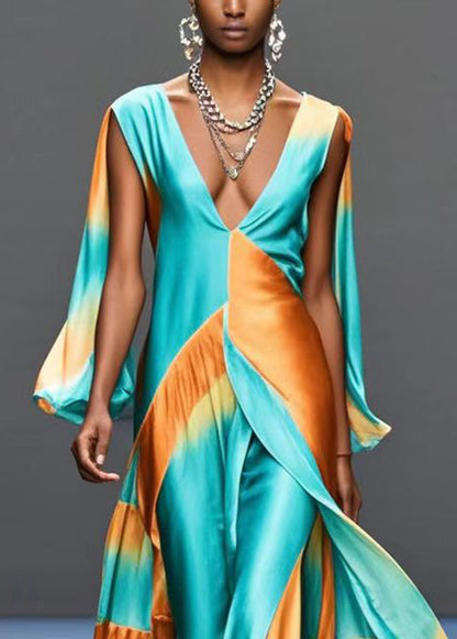 Green Deep-v Neck Patchwork Silk Maxi Dresses Butterfly Sleeve