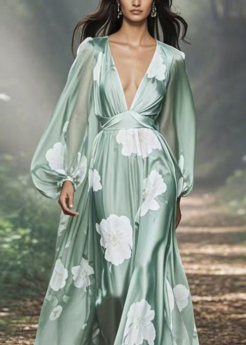 Italian V Neck Print Silk Long Dress Lantern Sleeve Spring