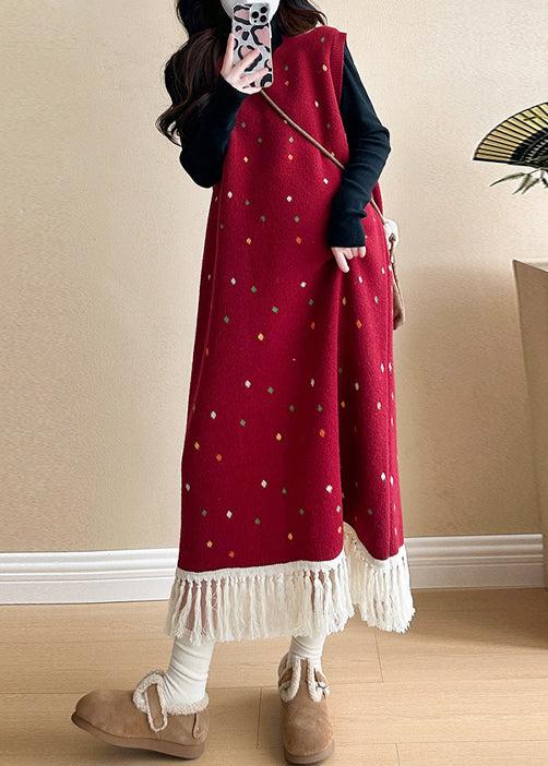 Red Tasseled Patchwork Knit Vest Long Dress Sleeveless