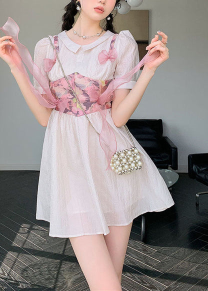 Grey Pink Bow Patchwork Print Silk Day Dress Summer