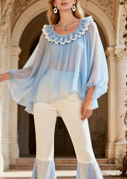 O Neck Ruffled Patchwork Silk Two Piece Set Summer