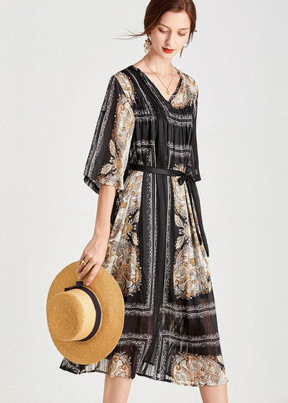 Classy Black Apricot V Neck Print Fall Chiffon Party Dresses Half Sleeve