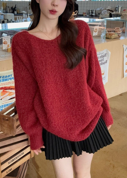 Style Red Wear on Both Sides Patchwork Bow Knit Sweaters Winter