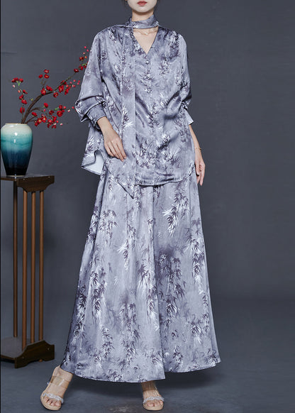 Style Grey V Neck Print Silk Two Piece Set Clothing Fall
