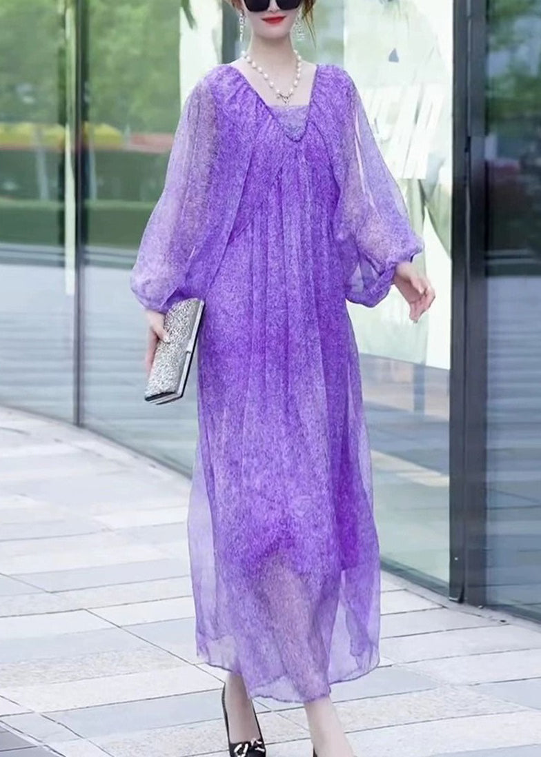 Purple V Neck Print Chiffon Long Dresses Lantern Sleeve
