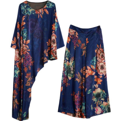 Original Literature and Art Blue Printing Large Mulberry Silk Suit Irregular Medium Long Silk Two Piece Set