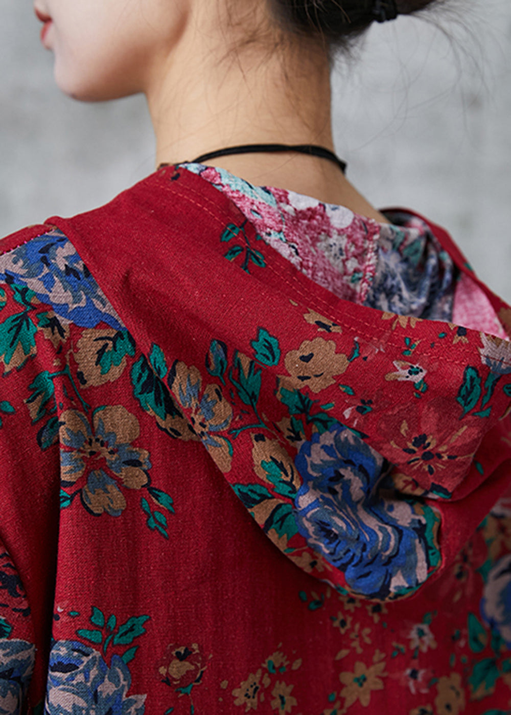 Red Hooded Print Cotton Long Dress Summer