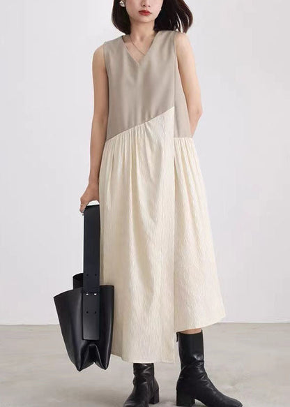 Black V Neck Asymmetrical Patchwork Cotton Dress Sleeveless