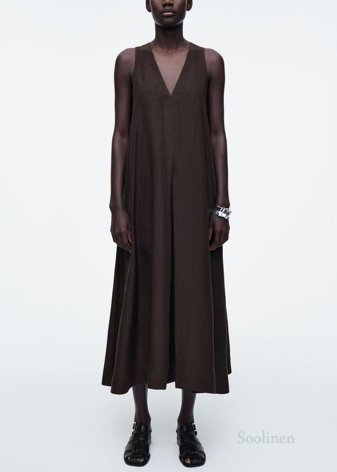 Black V Neck Linen Maxi Dresses Sleeveless