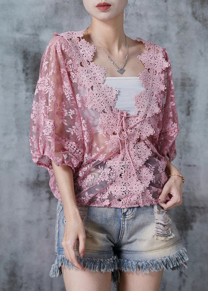 Pink Hollow Out Lace Blouse Top Summer