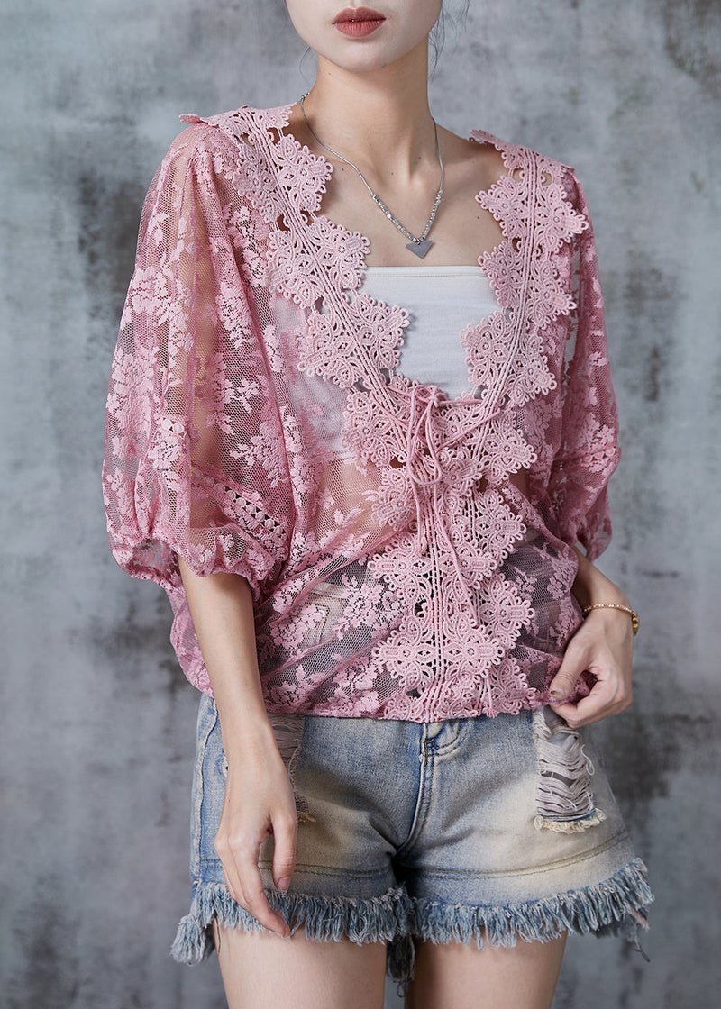 Pink Hollow Out Lace Blouse Top Summer