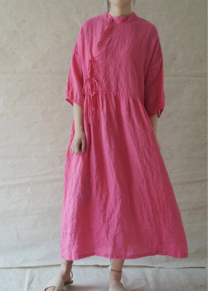 Classy Rose Stand Collar Button Cinched Linen Holiday Dress Half Sleeve