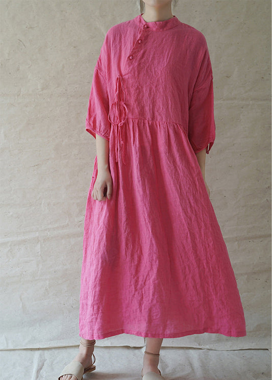 Classy Rose Stand Collar Button Cinched Linen Holiday Dress Half Sleeve