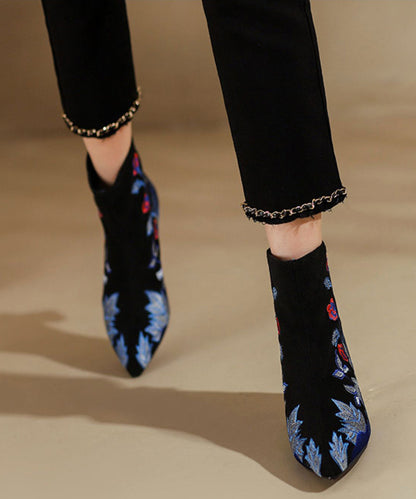 Black Embroidered Zippered Suede High Heels
