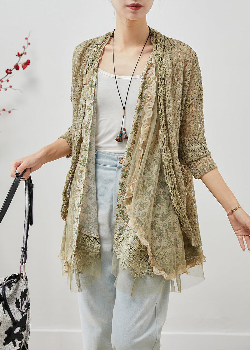 Green Ruffled Patchwork Hollow Out Lace Cardigans Fall