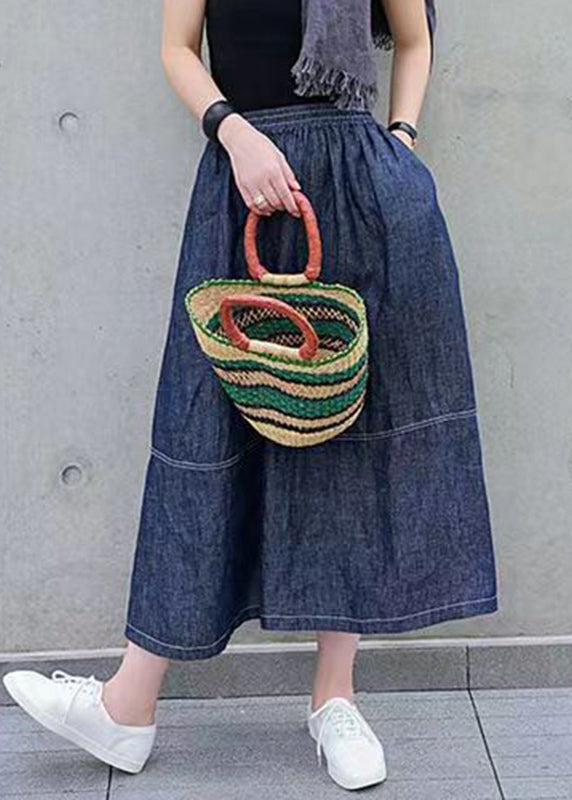 Denim Blue Pockets Elastic Waist Patchwork Skirts Spring