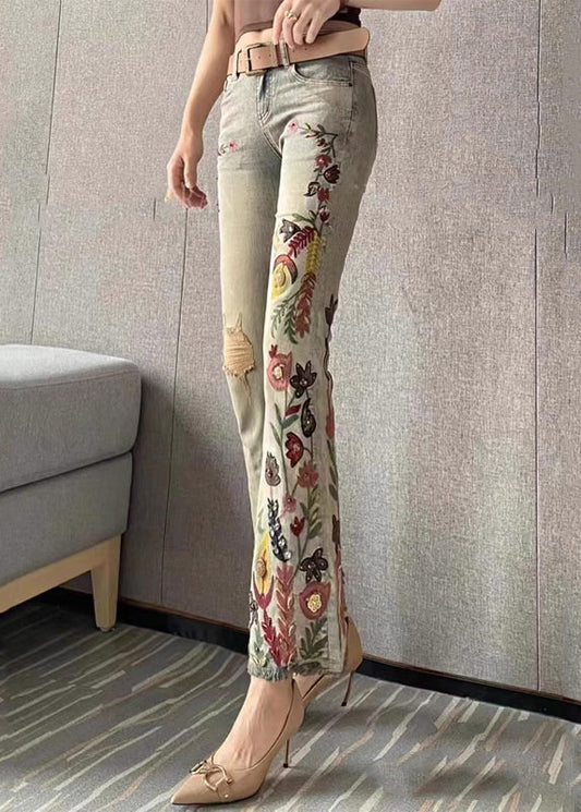 Embroidered Pockets Denim Flare Bottoms Spring