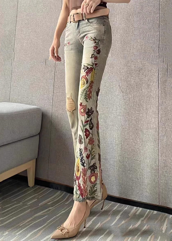 Embroidered Pockets Denim Flare Bottoms Spring