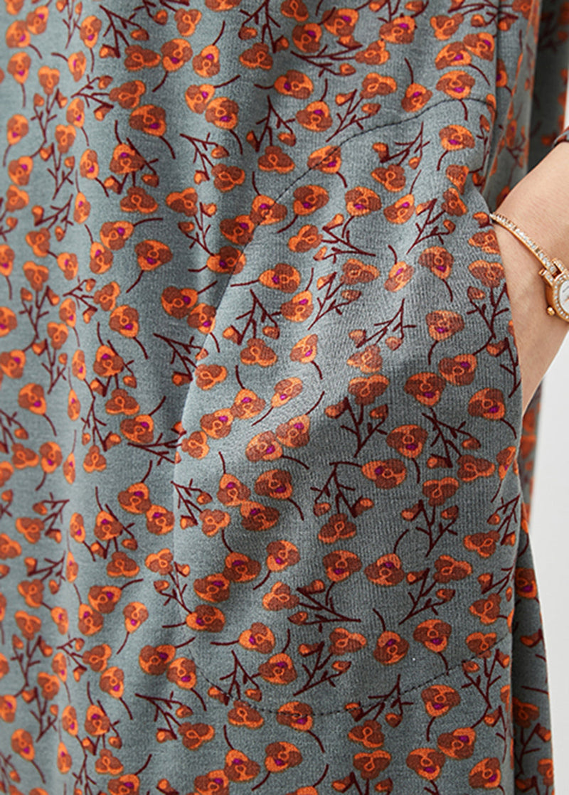 Grey Print Cotton Long Dress Spring